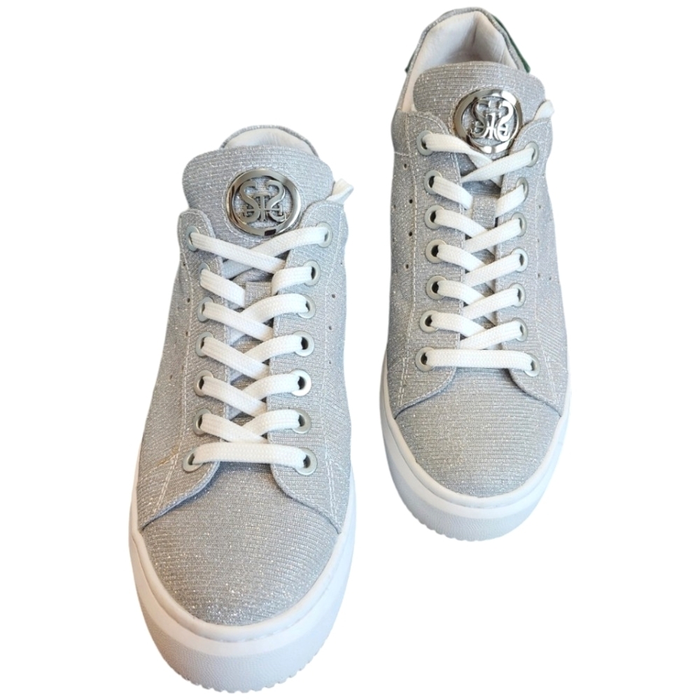 Staccato Sparkly Silver Sneakers with FUNKY‎ Green Mouth Design Women’s Sneakers - Picture 2 of 12